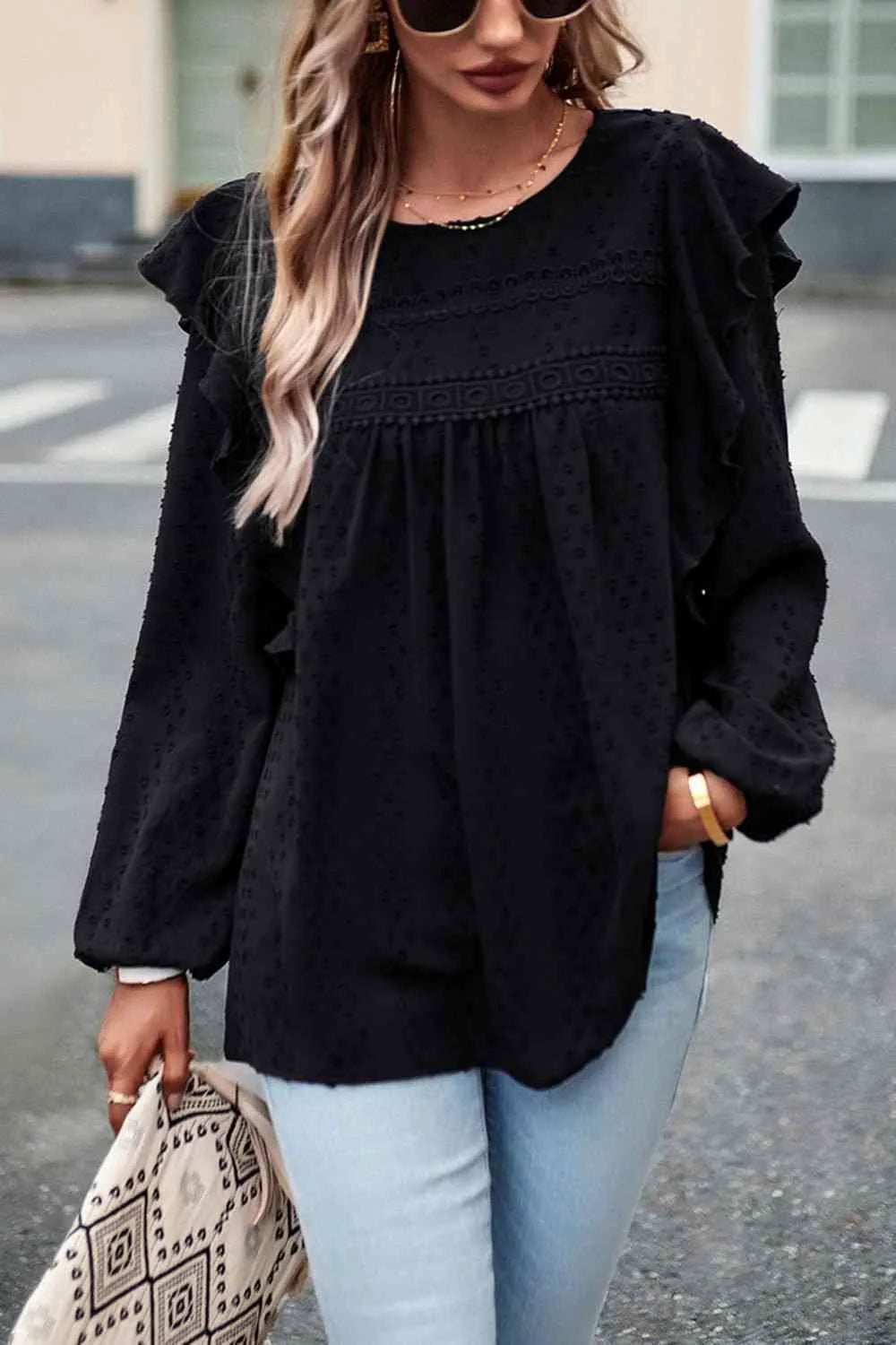 Ruffle Trim Balloon Sleeve Blouse Black Blouses - Tophatter Daily Deals