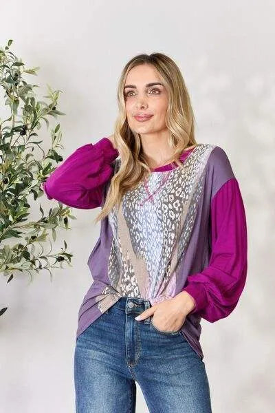 Celeste Full Size Color Block Printed Long Sleeve Top Blouses - Tophatter Daily Deals