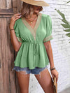 Contrast V-Neck Babydoll Top Light Green Blouses - Tophatter Daily Deals