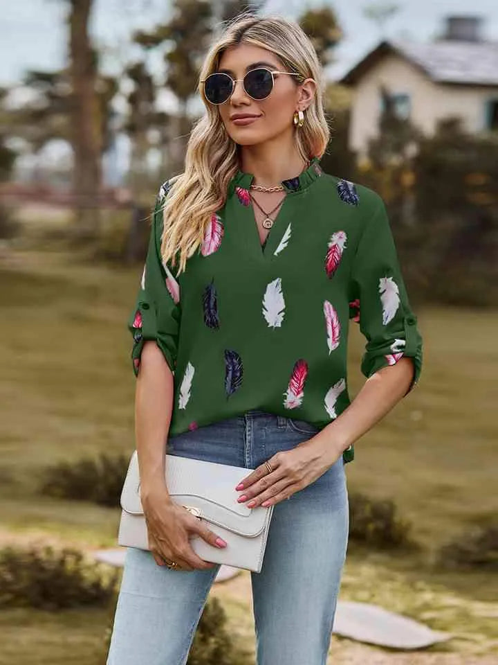 Printed Roll-Tab Sleeve Notched Neck Blouse Blouses - Tophatter Daily Deals