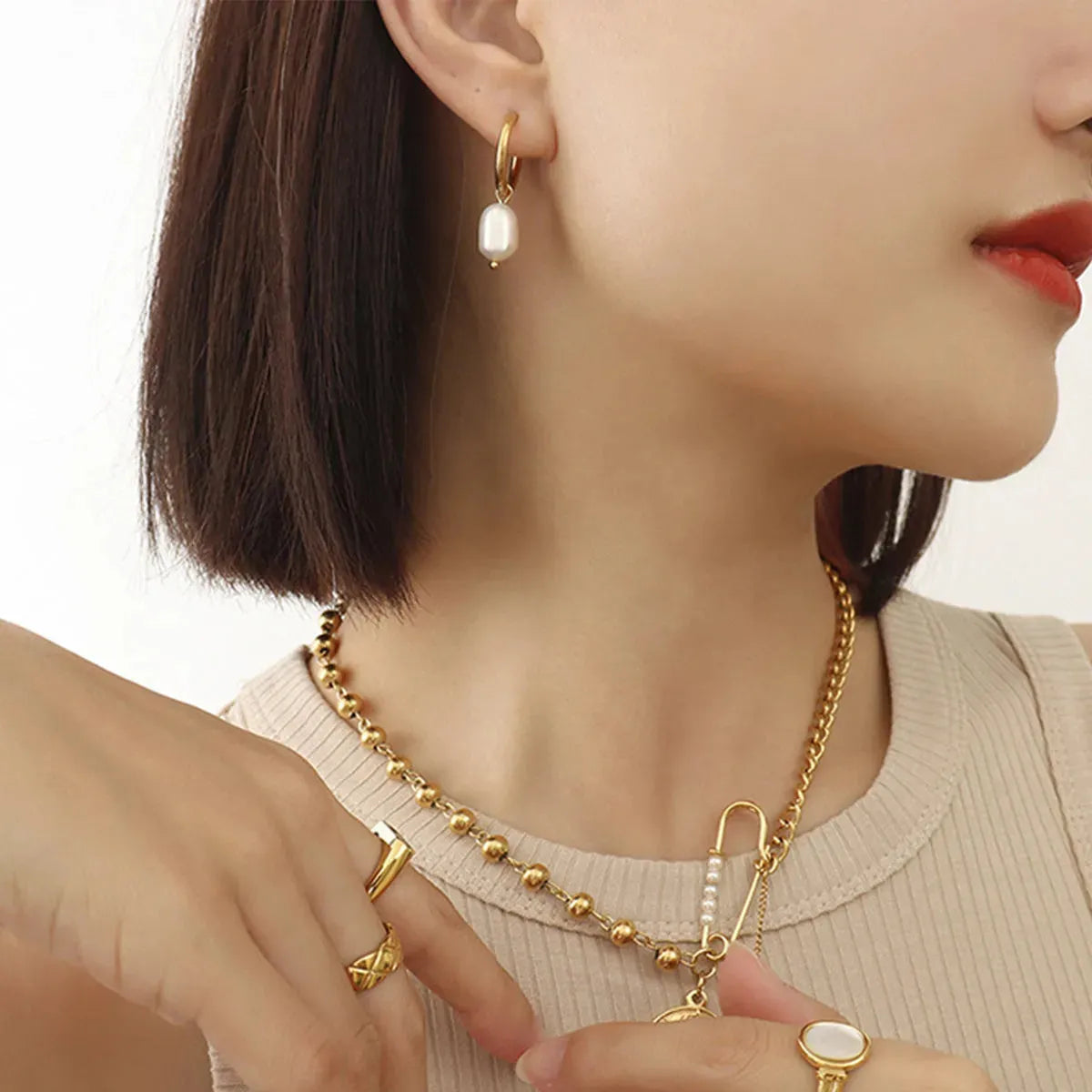 Gold-Plated Titanium Steel Pearl Earrings Earrings - Tophatter Daily Deals