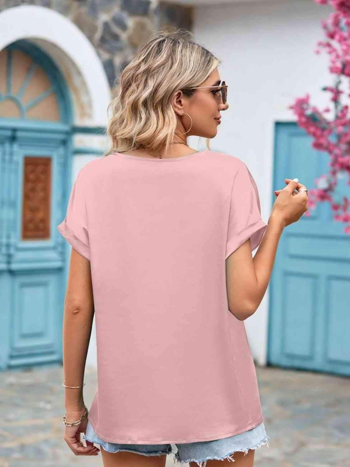 V-Neck Cuffed Blouse Blouses - Tophatter Daily Deals