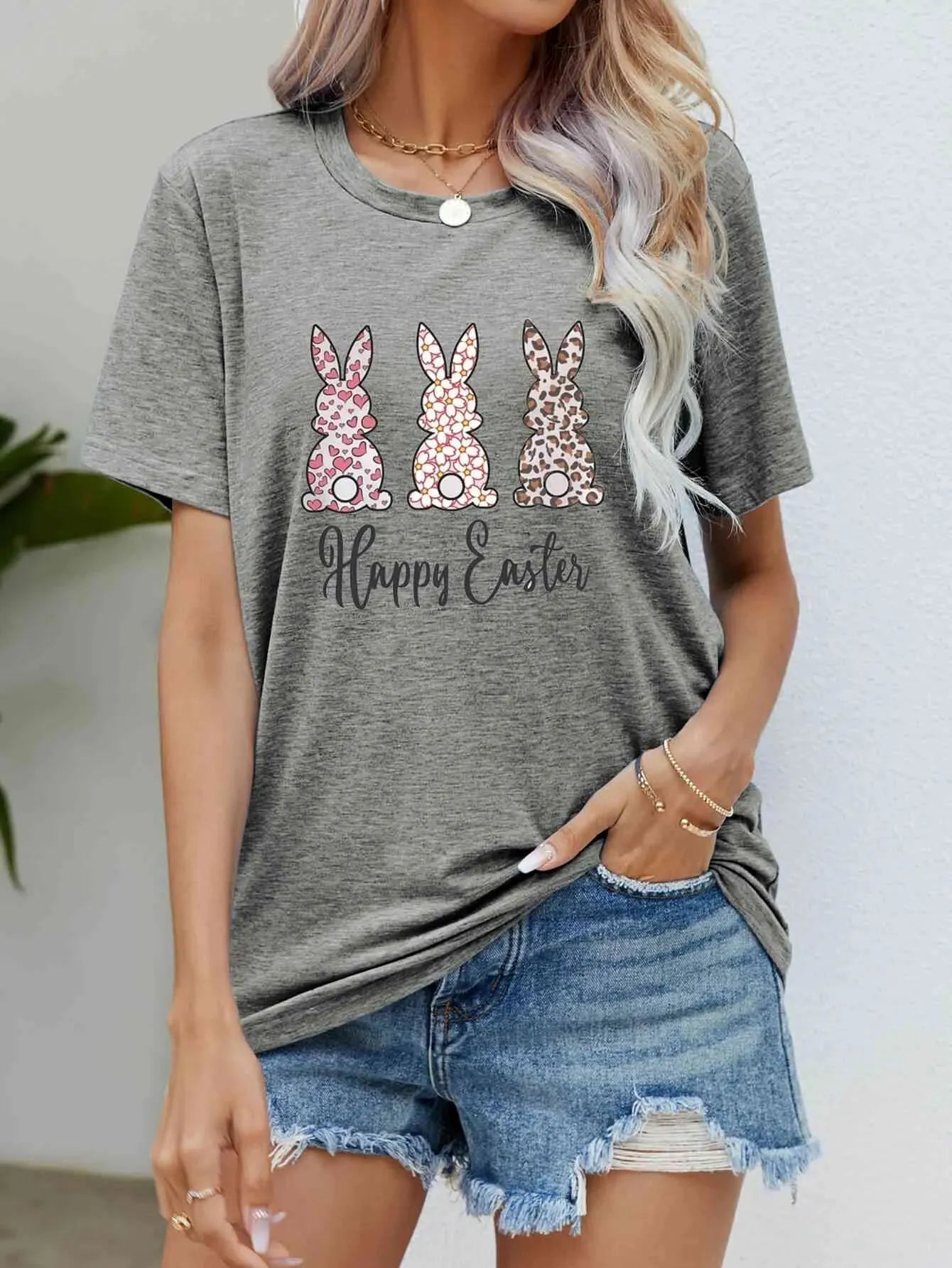HAPPY EASTER Graphic Short Sleeve Tee Heather Gray Women's T-Shirts - Tophatter Daily Deals