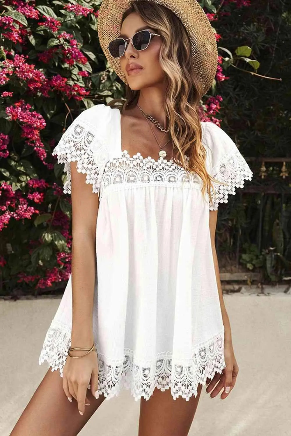 Lace Detail Square Neck Short Sleeve Blouse Blouses - Tophatter Daily Deals