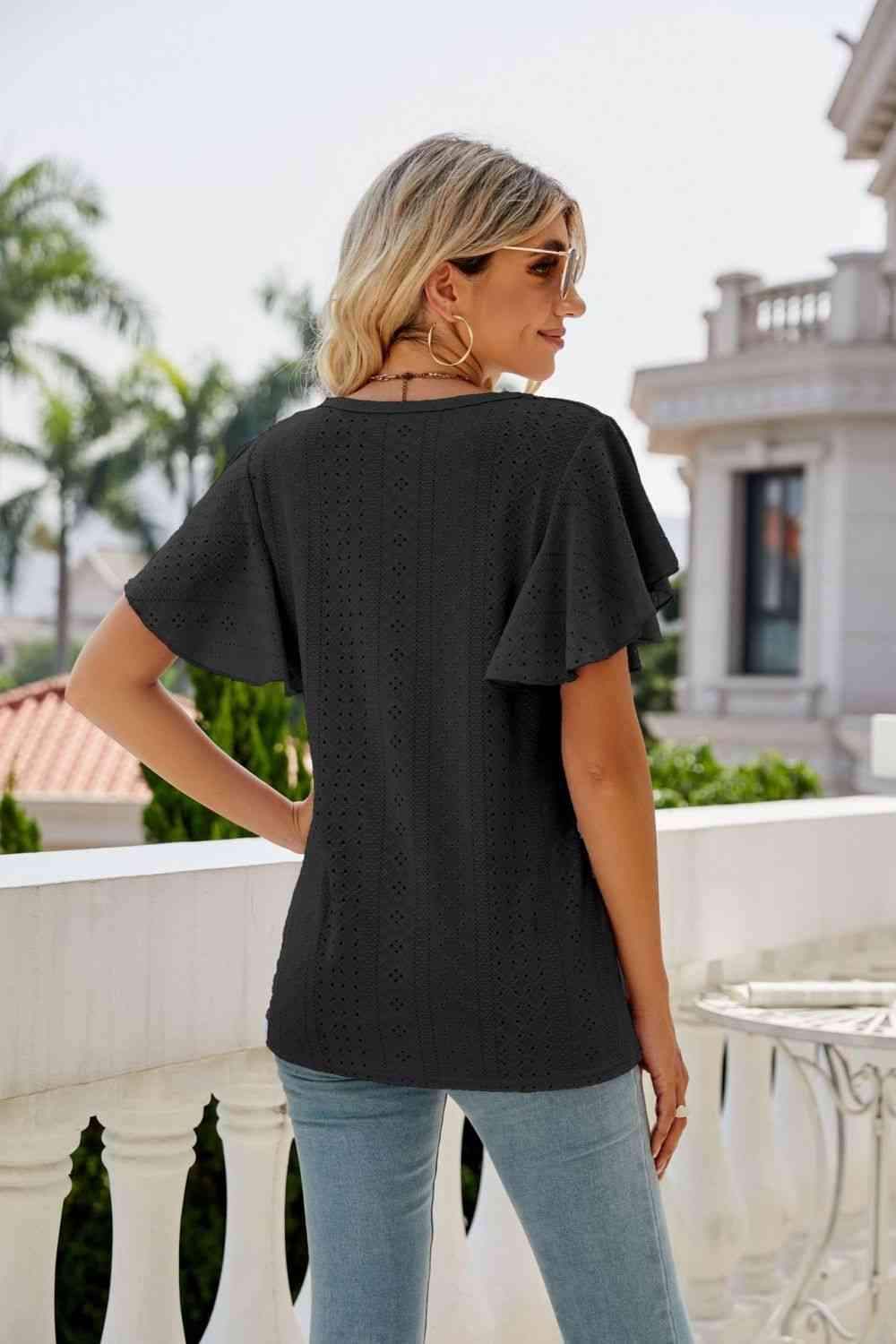 Eyelet Flutter Sleeve Round Neck Top Blouses - Tophatter Daily Deals