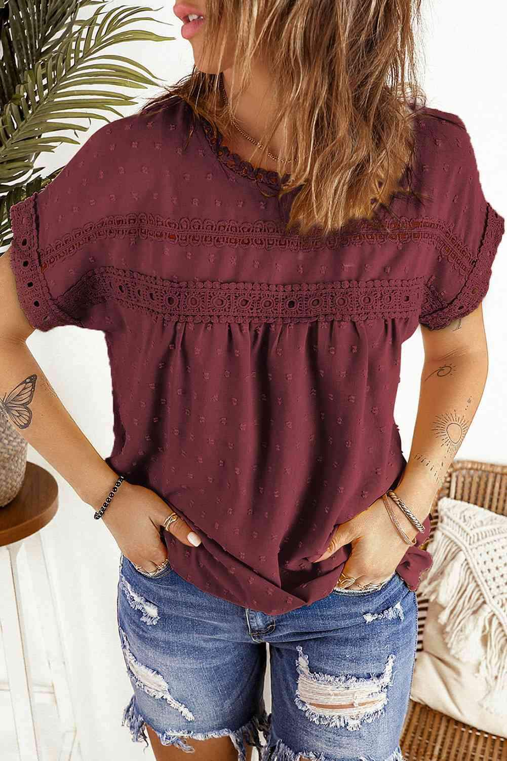 Swiss Dot Decorative Button Short Sleeve Blouse Blouses - Tophatter Daily Deals