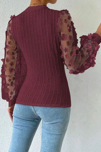 Double Take Textured Applique Long Sleeve Blouse Blouses - Tophatter Daily Deals