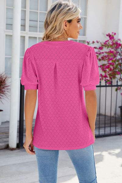 Eyelet Notched Puff Sleeve T-Shirt Women's T-Shirts - Tophatter Daily Deals