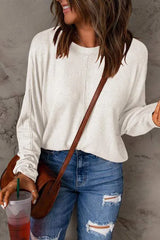 Seam Detail Round Neck Long Sleeve Top Ivory Women's T-Shirts - Tophatter Daily Deals
