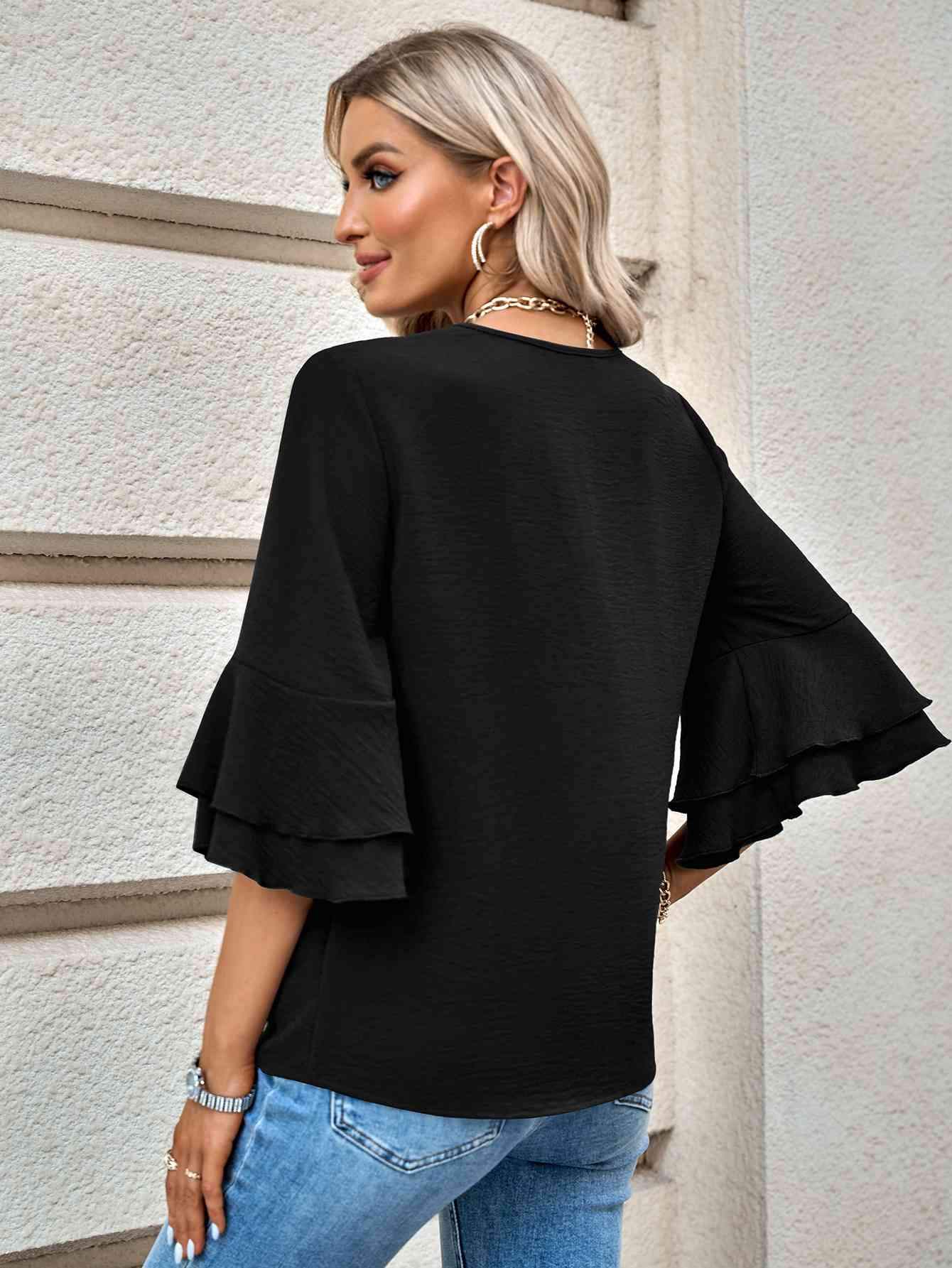 Layered Flare Sleeve Textured V-Neck Blouse Blouses - Tophatter Daily Deals