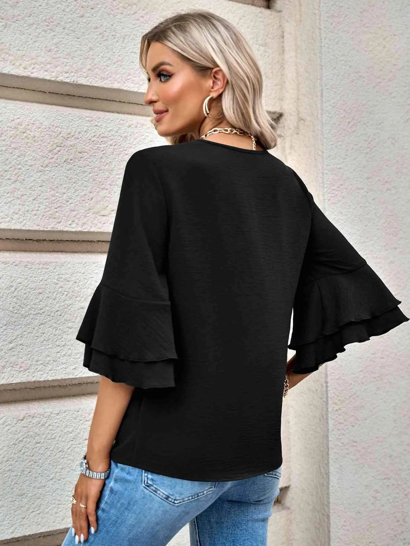 Layered Flare Sleeve Textured V-Neck Blouse Blouses - Tophatter Daily Deals
