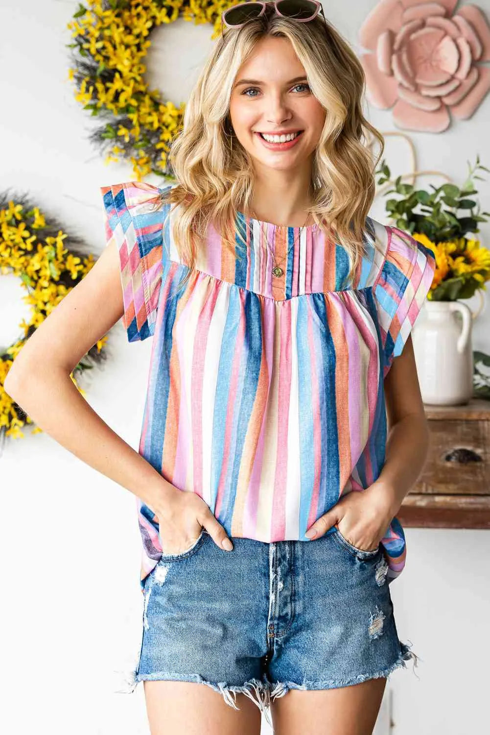 Multicolored Stripe Flutter Sleeve Blouse Pastel Blue Blouses - Tophatter Daily Deals