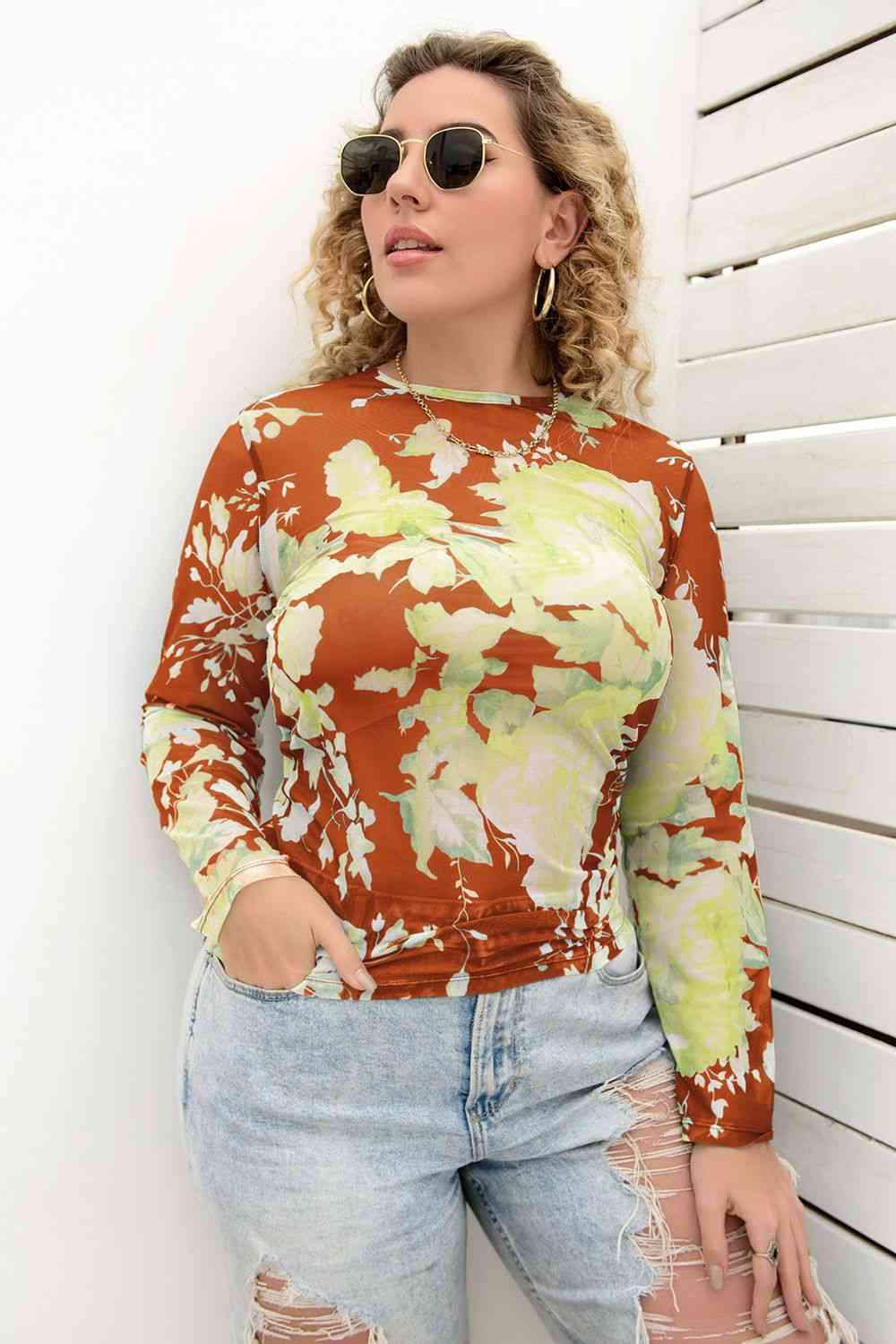 Plus Size Printed Round Neck Long Sleeve Blouse Blouses - Tophatter Daily Deals