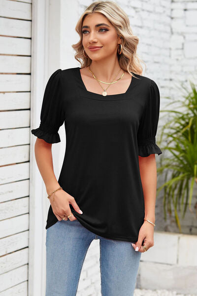 Smocked Square Neck Short Sleeve T-Shirt Women's T-Shirts - Tophatter Daily Deals