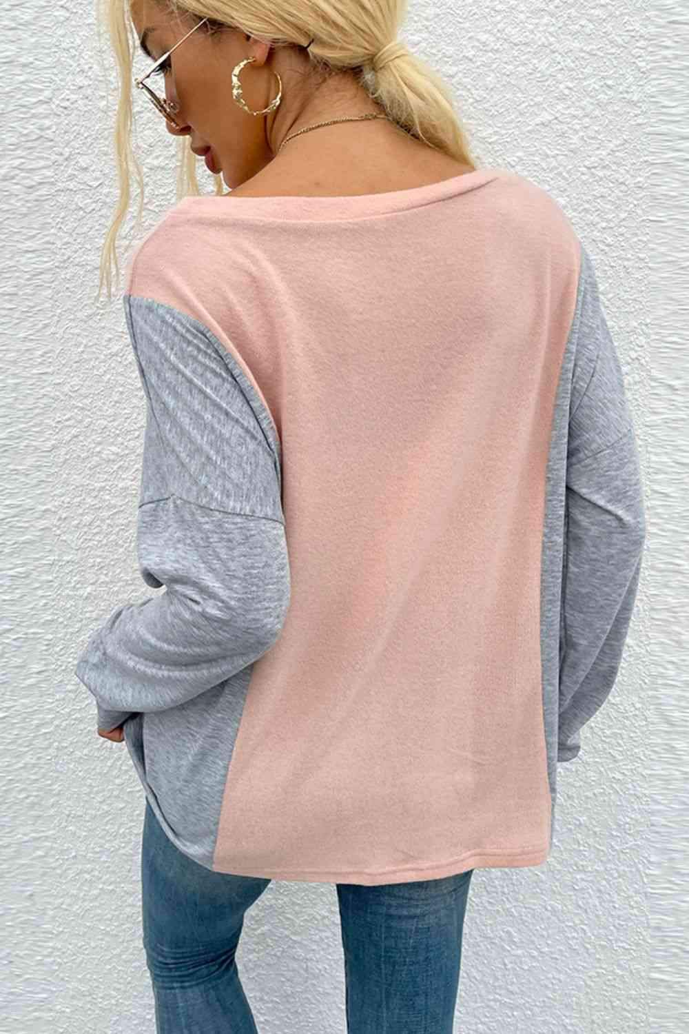 Color Block V-Neck Long Sleeve Blouse Blouses - Tophatter Daily Deals