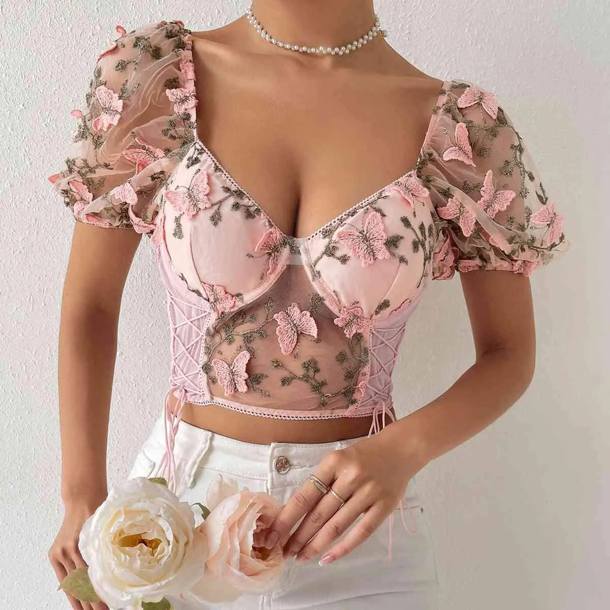 Embroidery Sweetheart Neck Short Sleeve Lace Trim Blouse Blouses - Tophatter Daily Deals