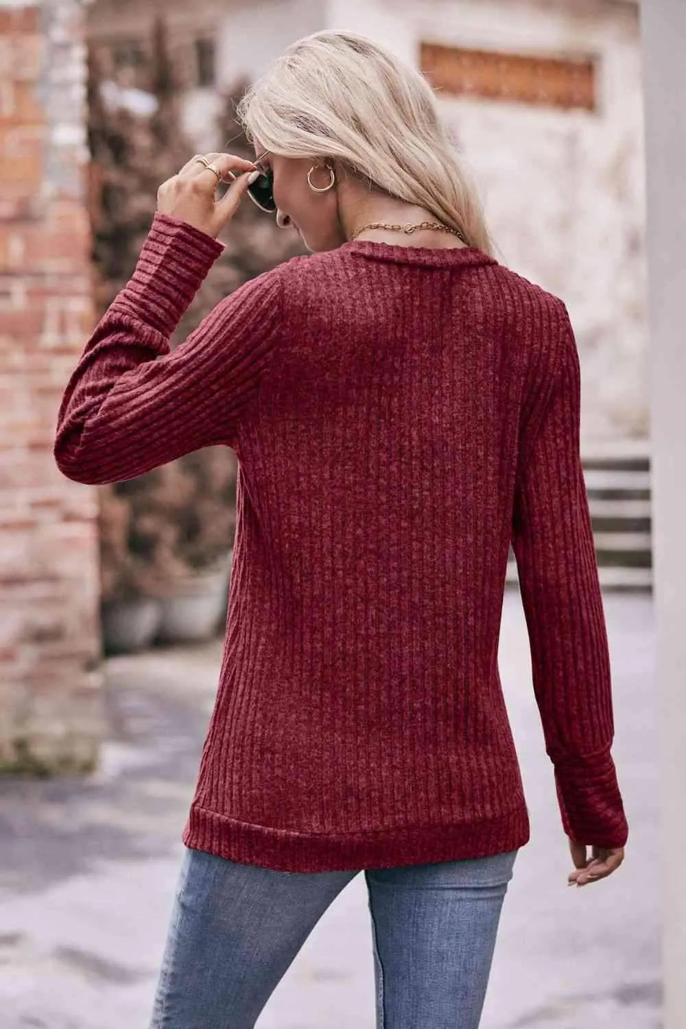 Double Take V-Neck Long Sleeve Ribbed Top Blouses - Tophatter Daily Deals