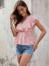 Floral Butterfly Sleeve V-Neck Peplum Blouse Blouses - Tophatter Daily Deals