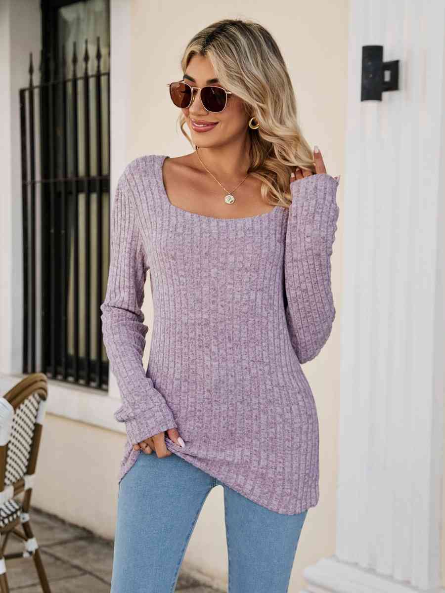 Square Neck Ribbed Long Sleeve T-Shirt Lavender Women's T-Shirts - Tophatter Daily Deals