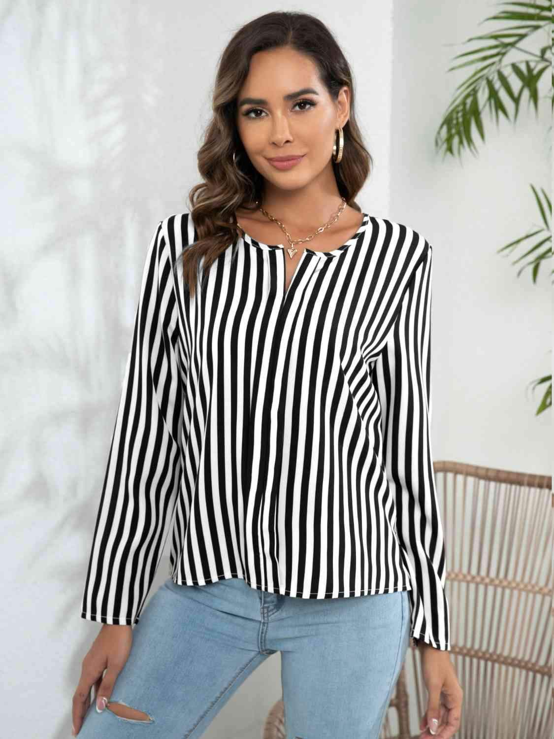 Striped Long Sleeve Notched Blouse Blouses - Tophatter Daily Deals