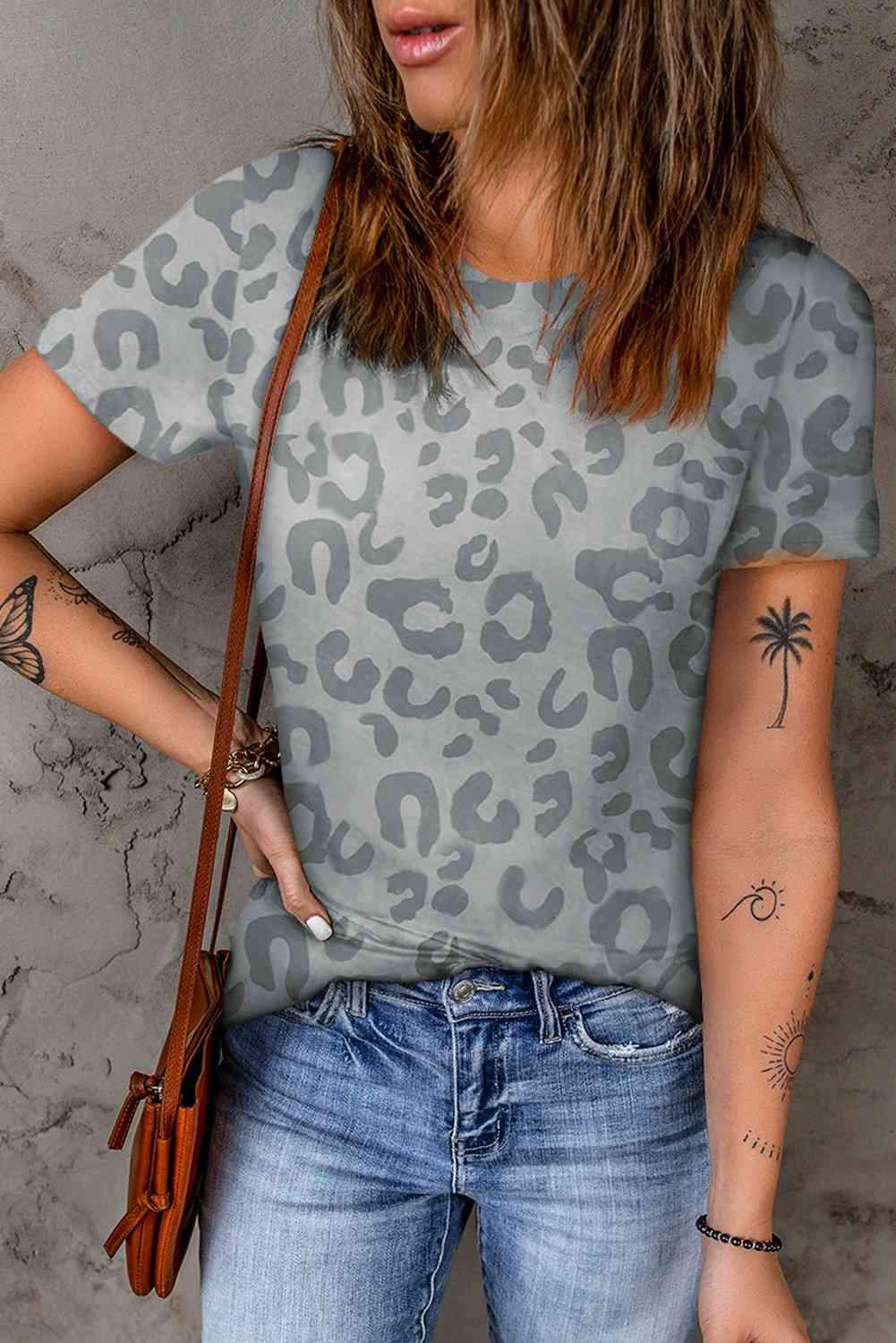 Leopard Round Neck Tee Mid Gray Women's T-Shirts - Tophatter Daily Deals