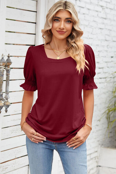 Smocked Square Neck Short Sleeve T-Shirt Women's T-Shirts - Tophatter Daily Deals