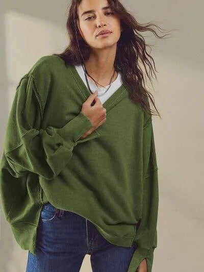 Slit Round Neck Dropped Shoulder T-Shirt Moss Women's T-Shirts - Tophatter Daily Deals