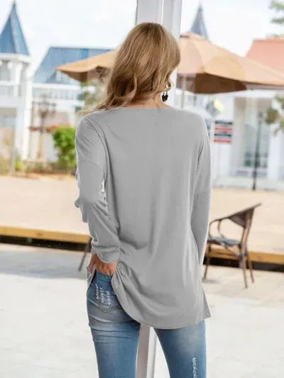 Quarter Button Round Neck Dropped Shoulder T-Shirt Women's T-Shirts - Tophatter Daily Deals