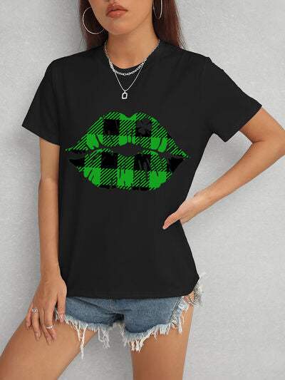 Plaid Lip Graphic Round Neck T-Shirt Black Women's T-Shirts - Tophatter Daily Deals