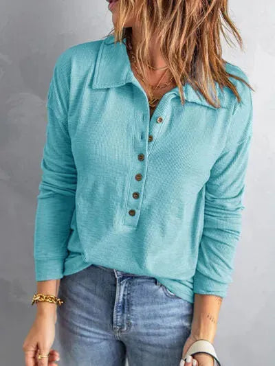 Collared Neck Half Button Top Pastel Blue Blouses - Tophatter Daily Deals