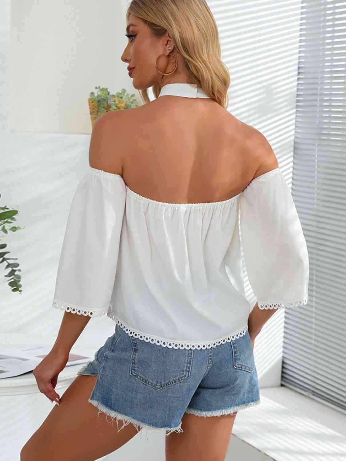 Crochet Halter Neck Cold-Shoulder Blouse Blouses - Tophatter Daily Deals