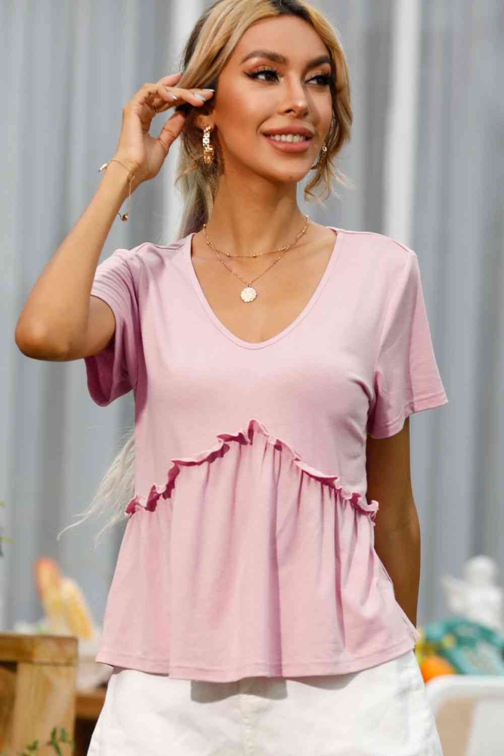 Frill Trim Short Sleeve Tee Blush Pink Women's T-Shirts - Tophatter Daily Deals