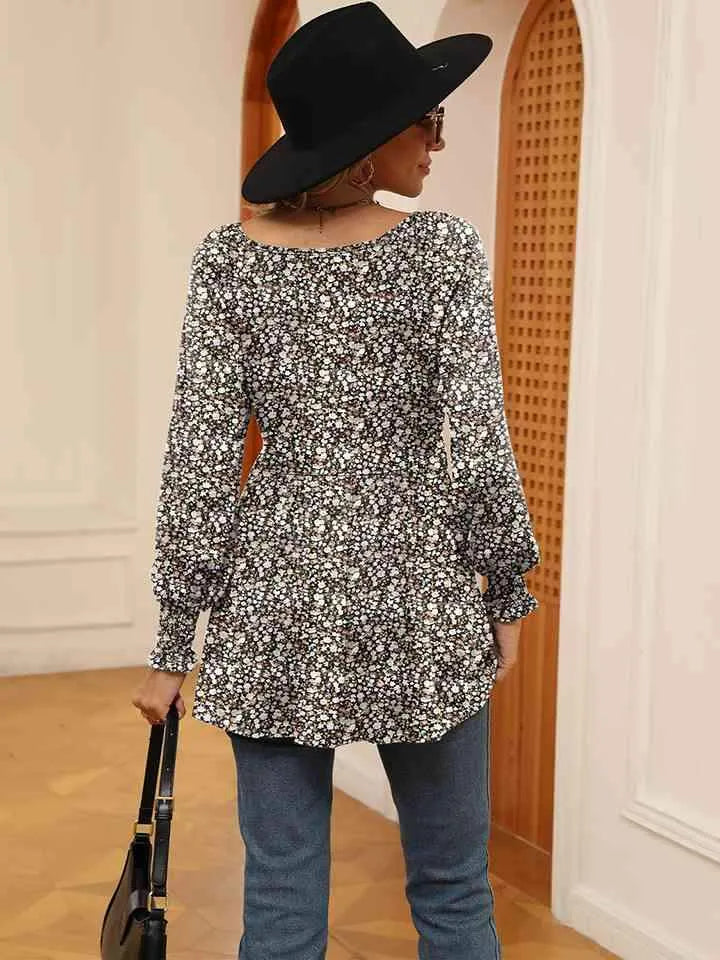 Printed V-Neck Lantern Sleeve Blouse Blouses - Tophatter Daily Deals