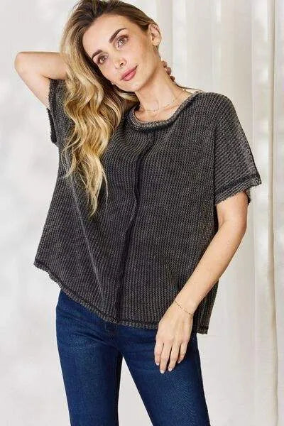 Zenana Oversized Baby Waffle Short Sleeve Top Blouses - Tophatter Daily Deals