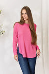 Zenana Round Neck Long Sleeve Slit Top Fuchsia Blouses - Tophatter Daily Deals