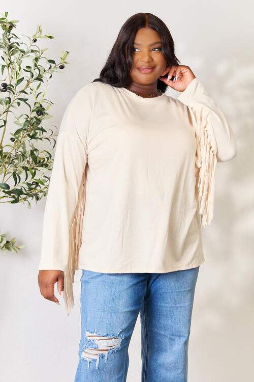 Celeste Full Size Fringe Detail Long Sleeve Blouse Ivory Blouses - Tophatter Daily Deals