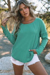 Seam Detail Curved Hem Long Sleeve Top Green Blouses - Tophatter Daily Deals