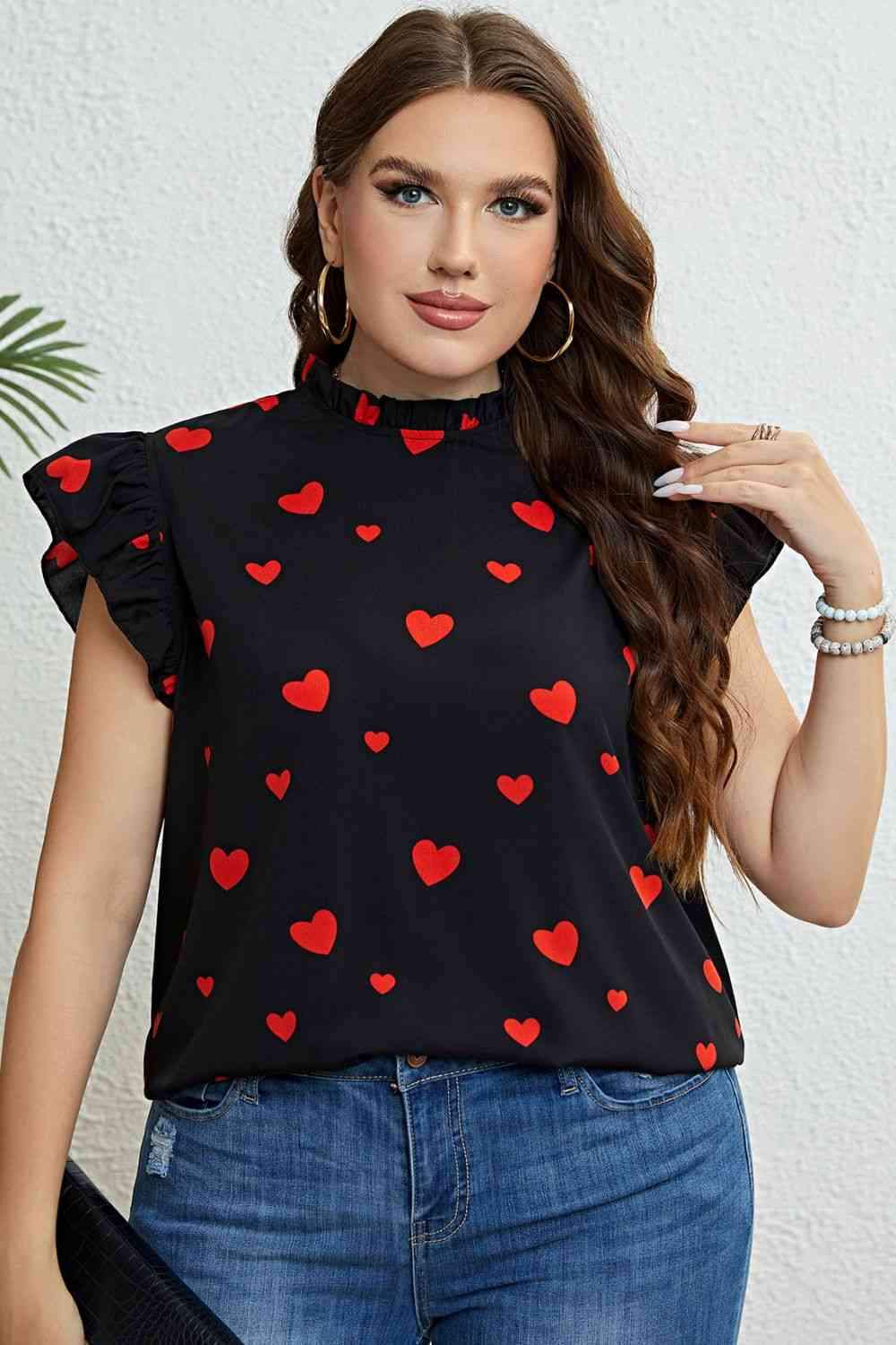 Plus Size Heart Print Butterfly Sleeve Mock Neck Top Black Blouses - Tophatter Daily Deals