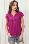 Notched Neck Buttoned Flutter Sleeve Blouse Cerise Blouses - Tophatter Daily Deals