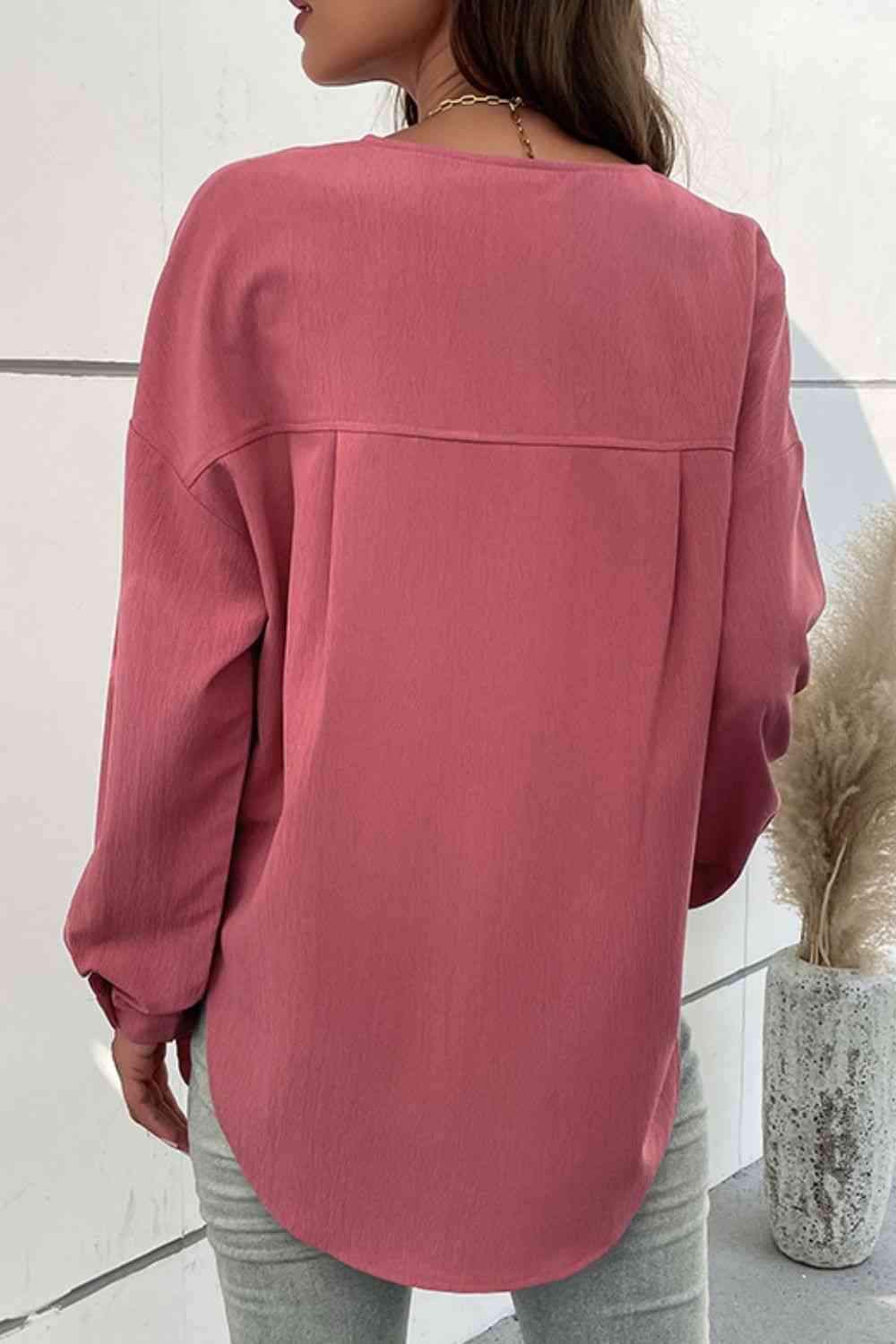 Half Button Pleated Detail Side Slit Blouse Blouses - Tophatter Daily Deals