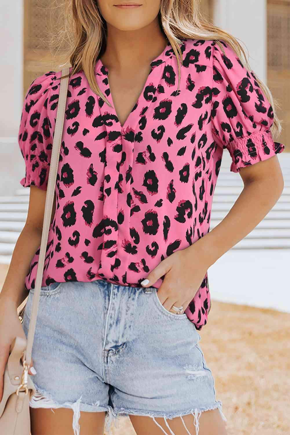 Leopard Notched Neck Short Flounce Sleeve Blouse Blouses - Tophatter Daily Deals