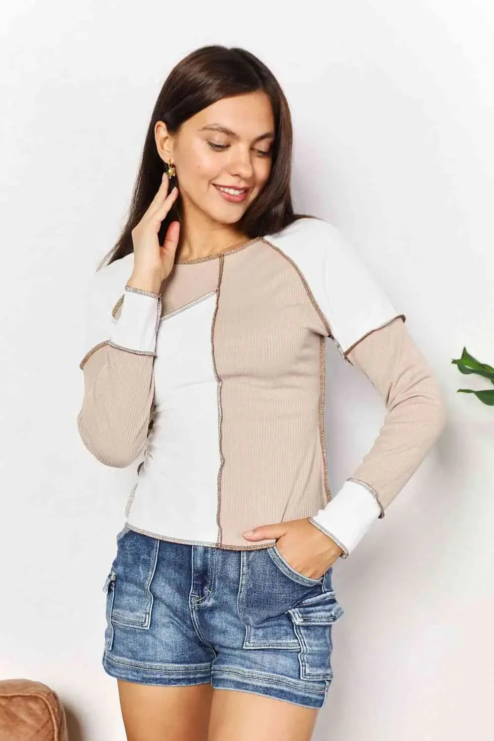 Double Take Color Block Exposed Seam Top Women's T-Shirts - Tophatter Daily Deals