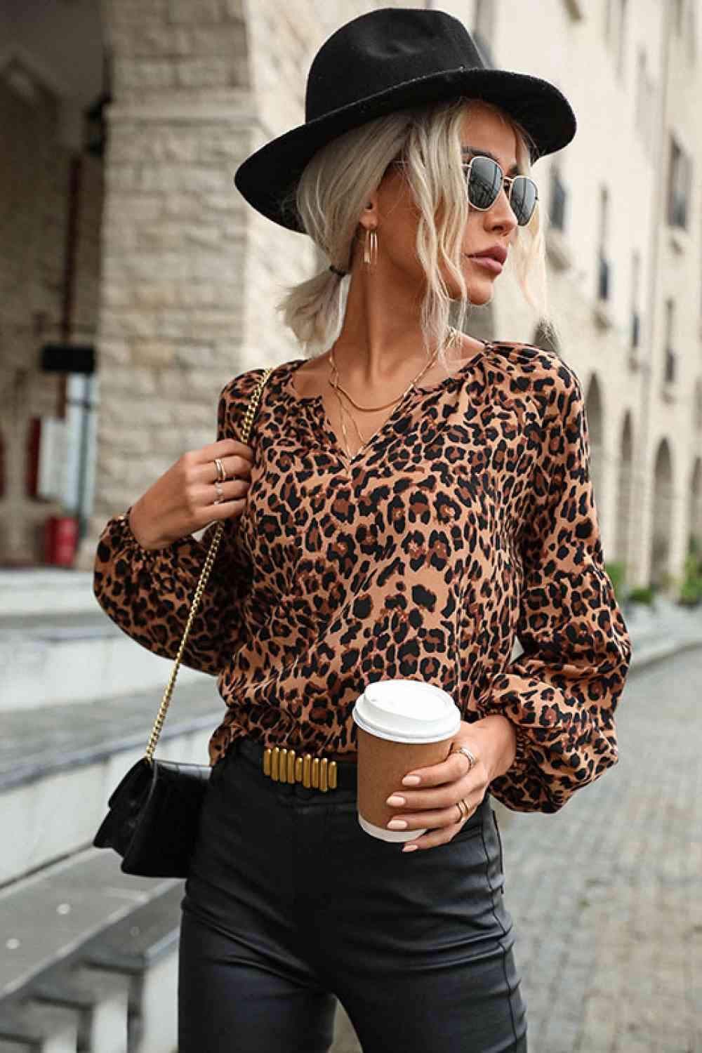 Leopard Lantern Sleeve Blouse Blouses - Tophatter Daily Deals