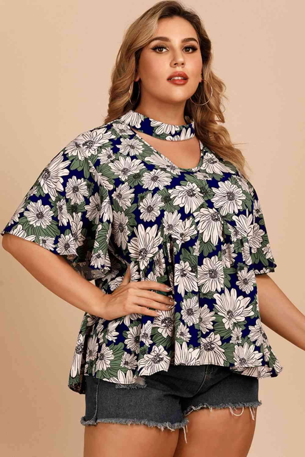 Plus Size Floral Flutter Sleeve Cutout Blouse Blouses - Tophatter Daily Deals