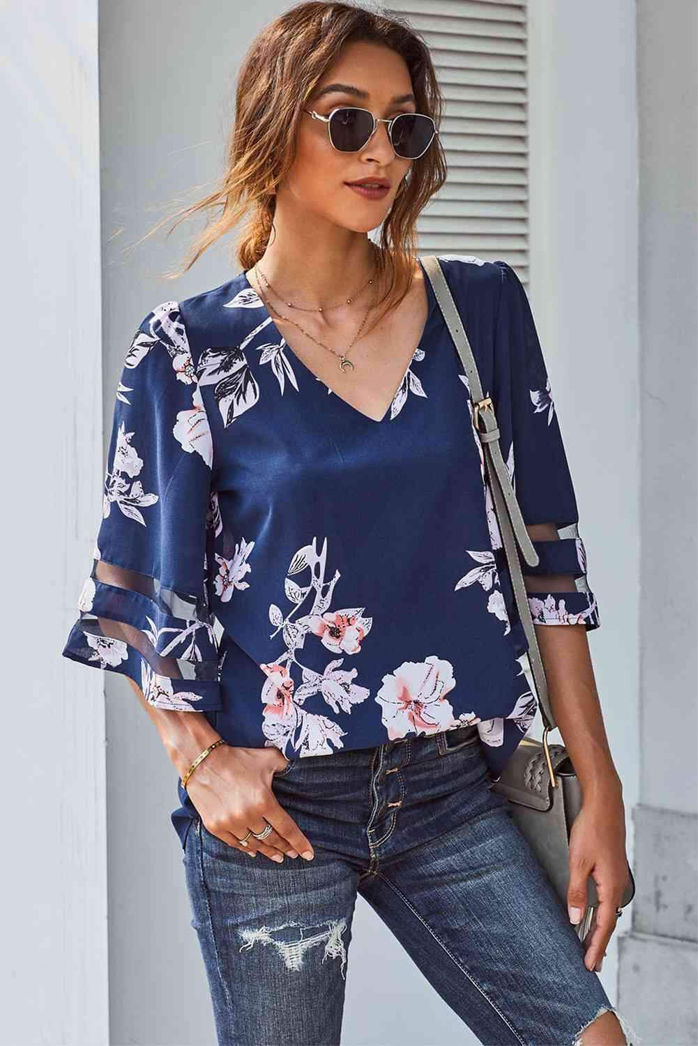 Printed Flare Sleeve Top Navy Blouses - Tophatter Daily Deals