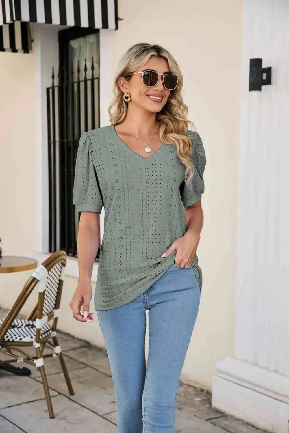 Eyelet Puff Sleeve V-Neck Top Blouses - Tophatter Daily Deals