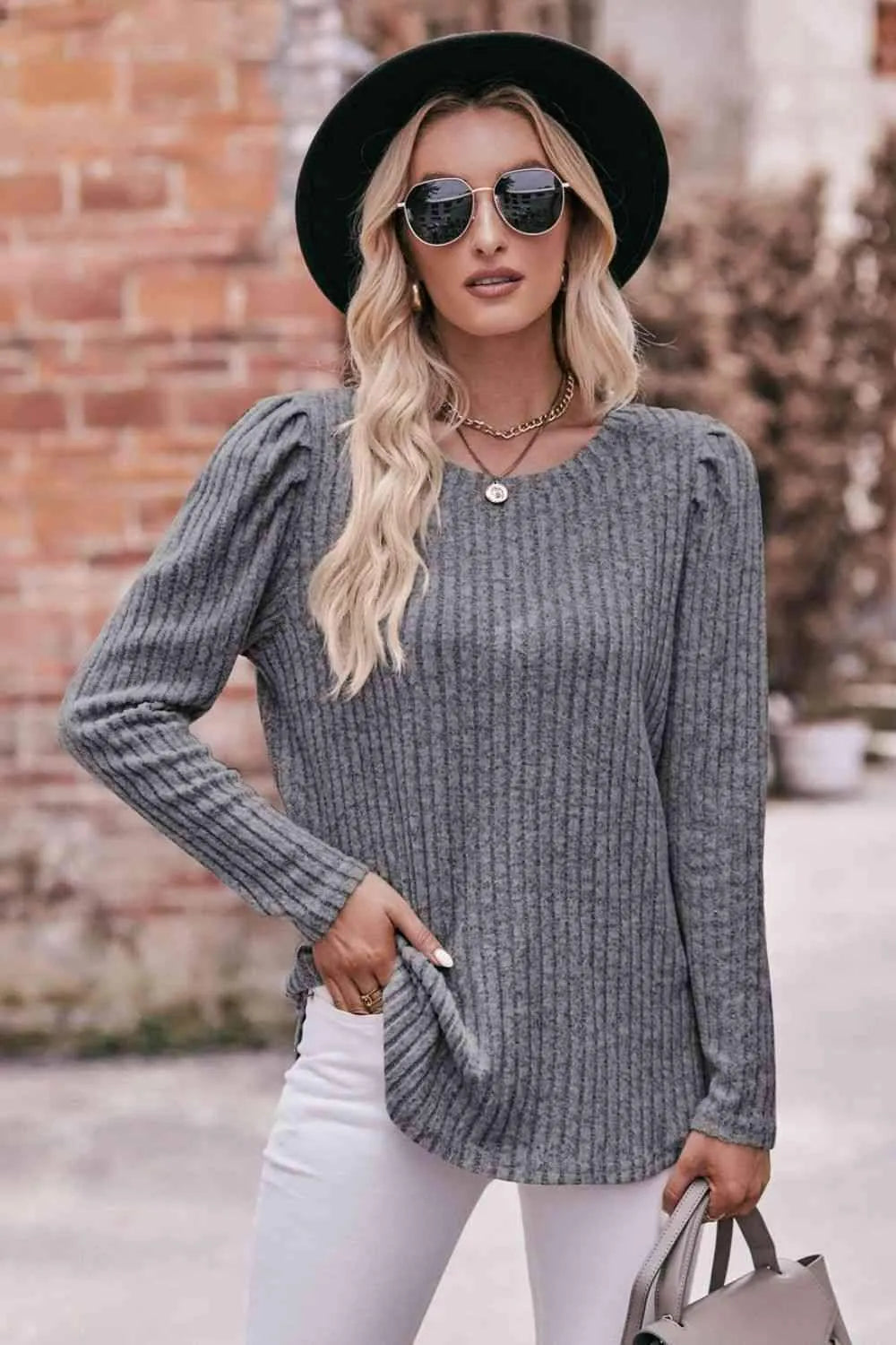 Double Take Round Neck Puff Sleeve Ribbed Top Heather Gray Blouses - Tophatter Daily Deals