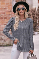 Double Take Round Neck Puff Sleeve Ribbed Top Heather Gray Blouses - Tophatter Daily Deals