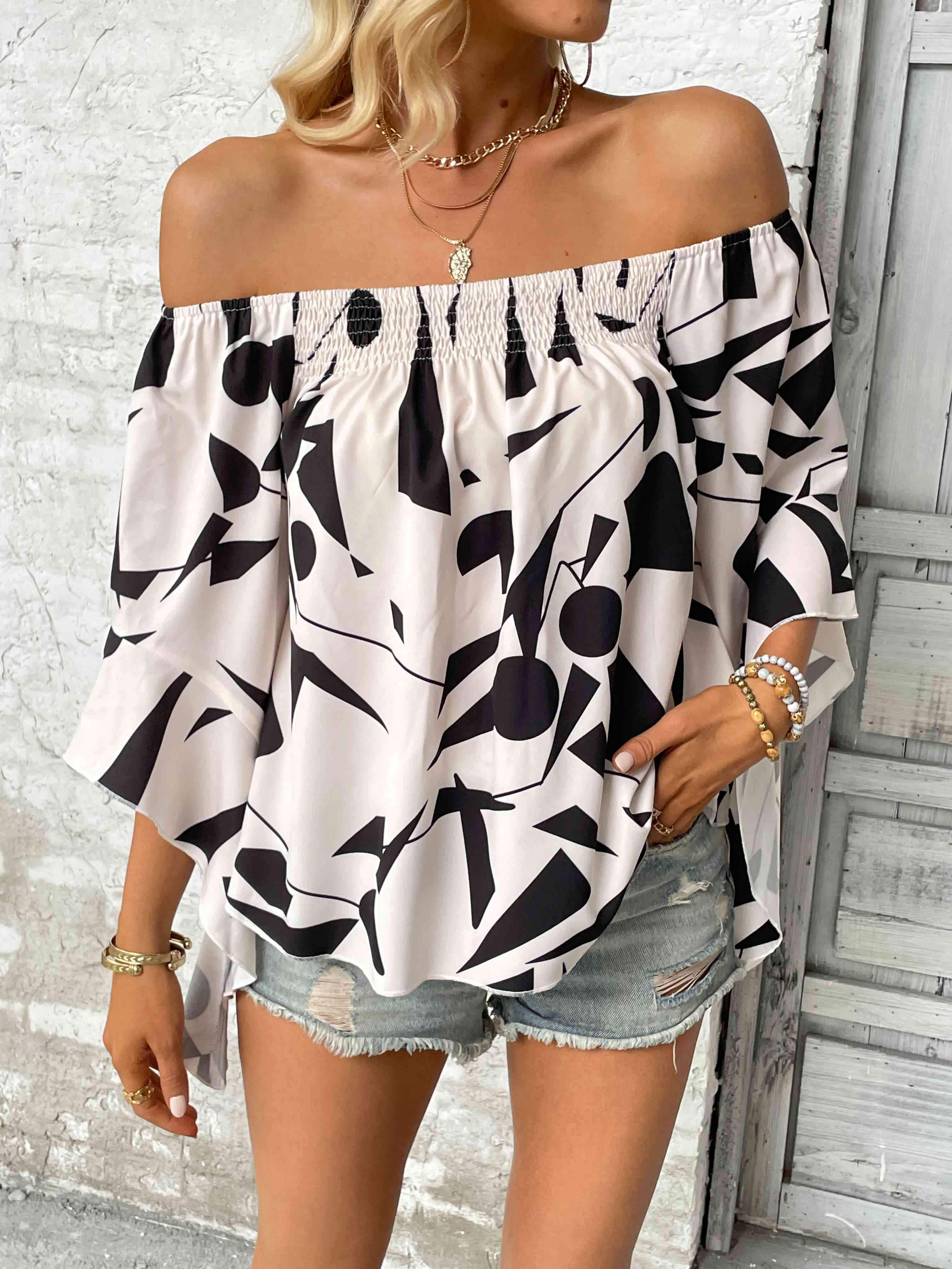 Printed Off-Shoulder Bell Sleeve Blouse Blouses - Tophatter Daily Deals