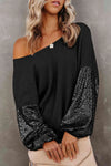 Sequin Waffle-Knit Blouse Black Blouses - Tophatter Daily Deals